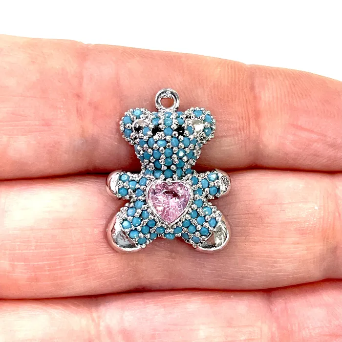 Silver Plated Micro Pave Swarovski Teddy Bear Charm Peppy Beads Charm Necklaces Silver Plated Micro Pave Swarovski Teddy Bear Charm Peppy Beads Charm Necklaces