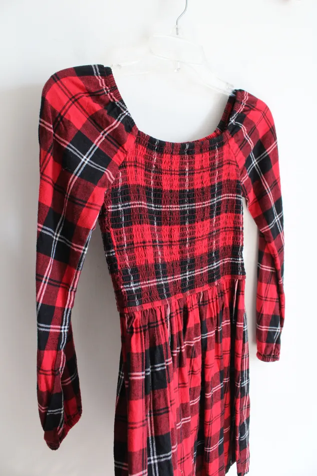 SO Red Black Plaid Long Sleeved Cotton Dress Youth L 1012 SO Rings