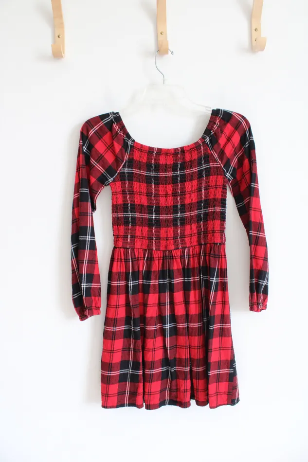 SO Red Black Plaid Long Sleeved Cotton Dress Youth L 1012 SO Rings