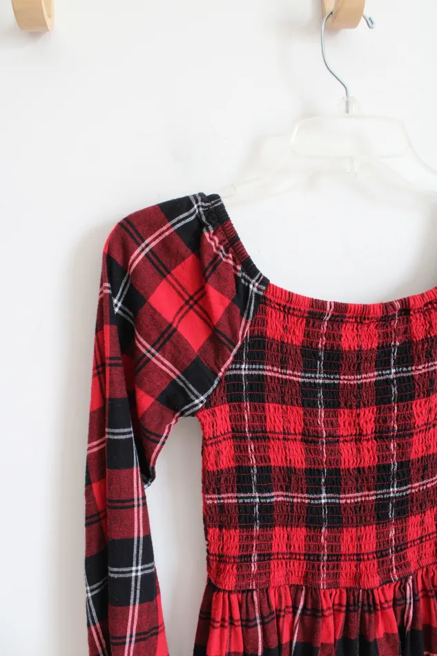 SO Red Black Plaid Long Sleeved Cotton Dress Youth L 1012 SO Rings