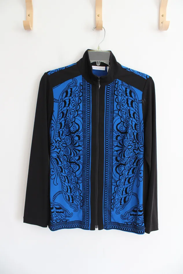 Susan Graver Rings Susan Graver Black Blue Patterned Textured Lightweight Jacket XS