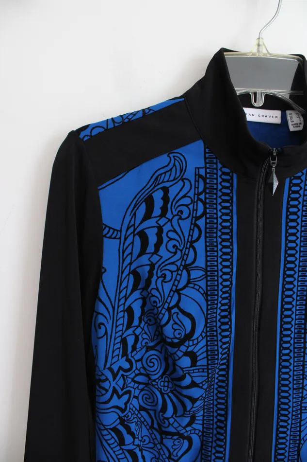 Susan Graver Rings Susan Graver Black Blue Patterned Textured Lightweight Jacket XS