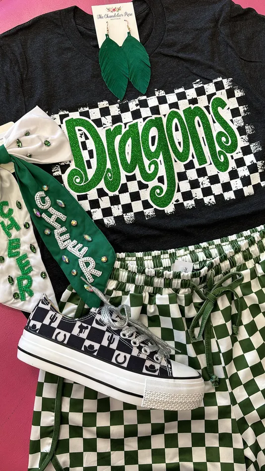 TEXAS TRUE THREADS Earrings CHECKERED MASCOT DRAGONS TEE GREEN GLITTER