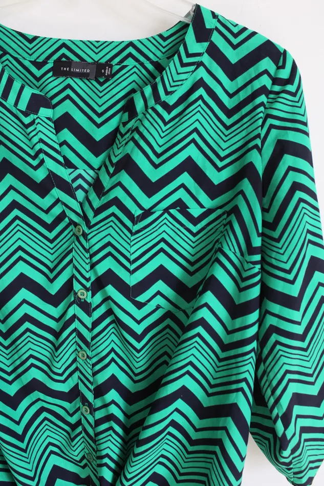 The Limited Rings The Limited Green Navy Blue Chevron Blouse S