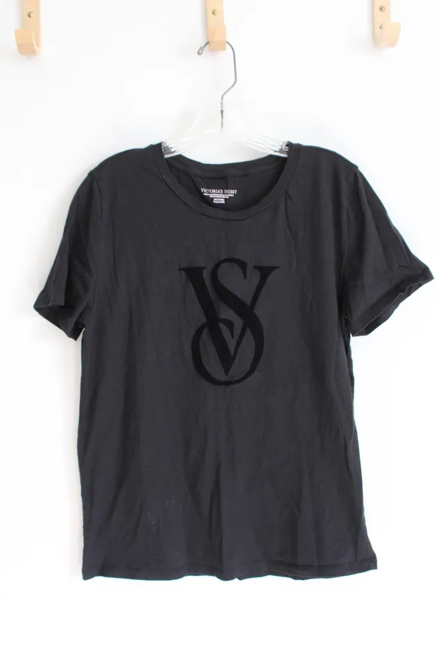 Victorias Secret Black Velvet Logo Cotton Top M Long Victorias Secret Rings