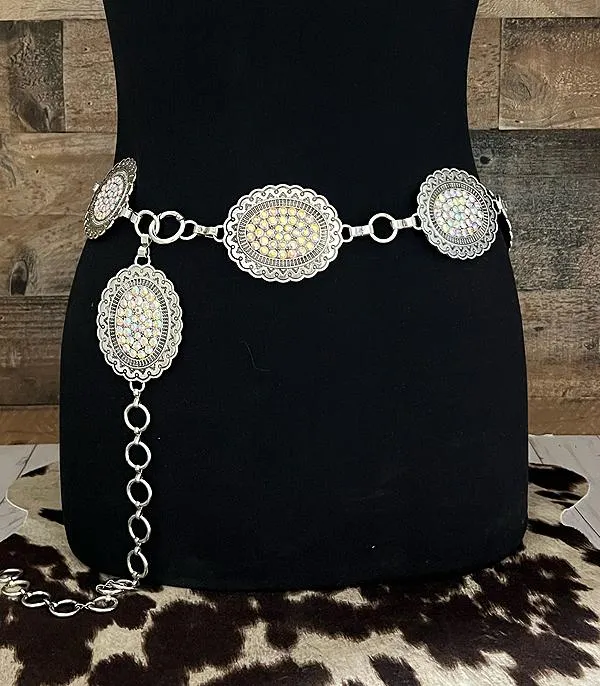 YKT Rings Western Rhinestone Oval AB STONE Concho Belt