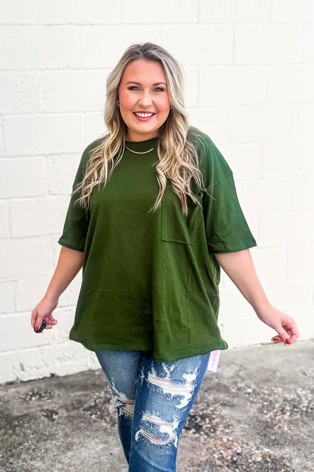 Zenana Earrings Emma Oversized Boyfriend Top Army Green