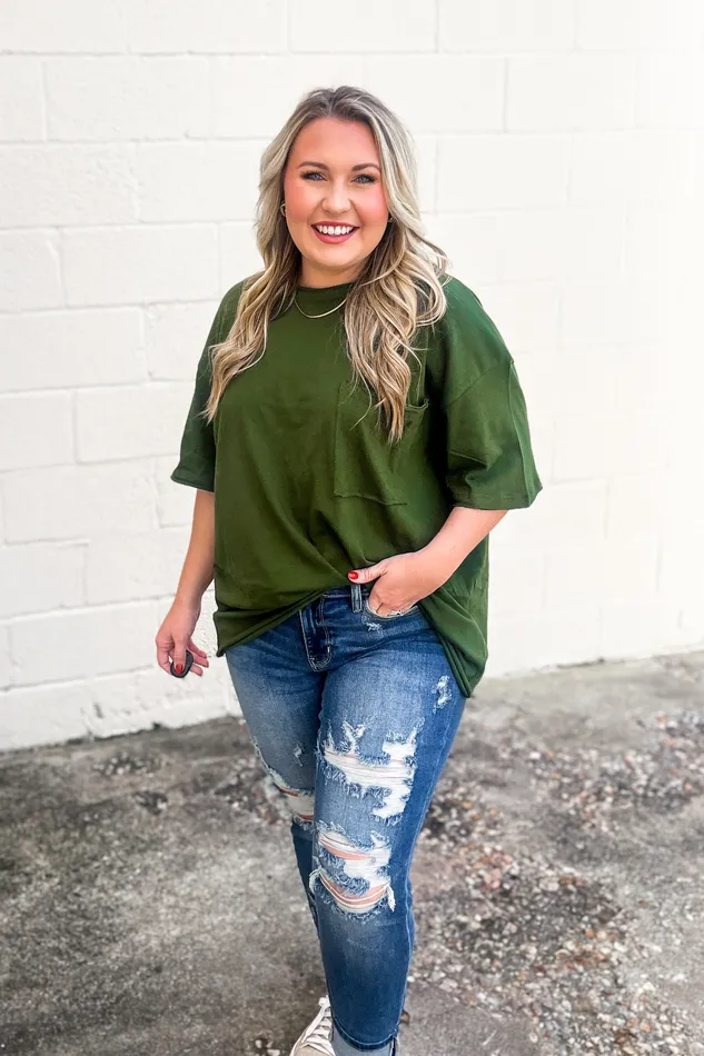 Zenana Earrings Emma Oversized Boyfriend Top Army Green