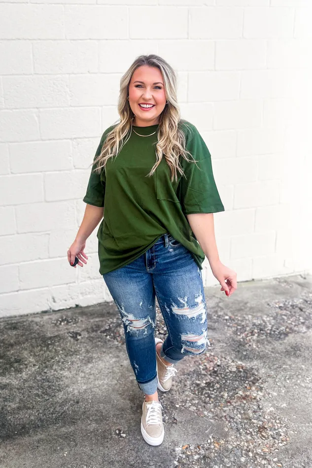 Zenana Earrings Emma Oversized Boyfriend Top Army Green