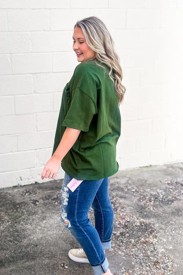 Zenana Earrings Emma Oversized Boyfriend Top Army Green
